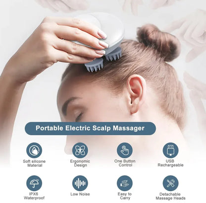 Electric scalp and upper-body massager being used on a person's head with features listed below.