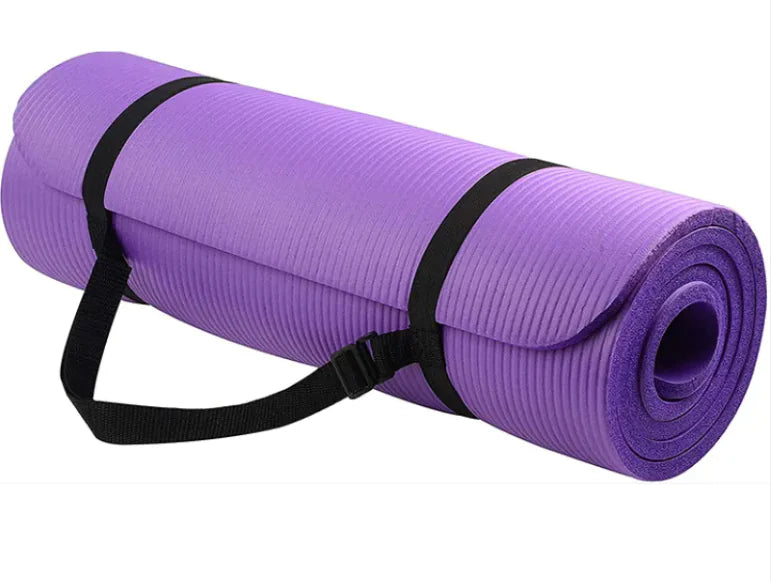 Purple striped yoga mat with non-slip grip and alignment guides, 72x24 inches for fitness and stretching.