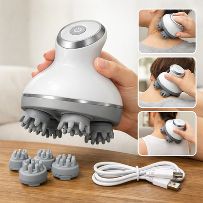 Electric scalp and upper-body massager with attachments and USB cable on a wooden surface.