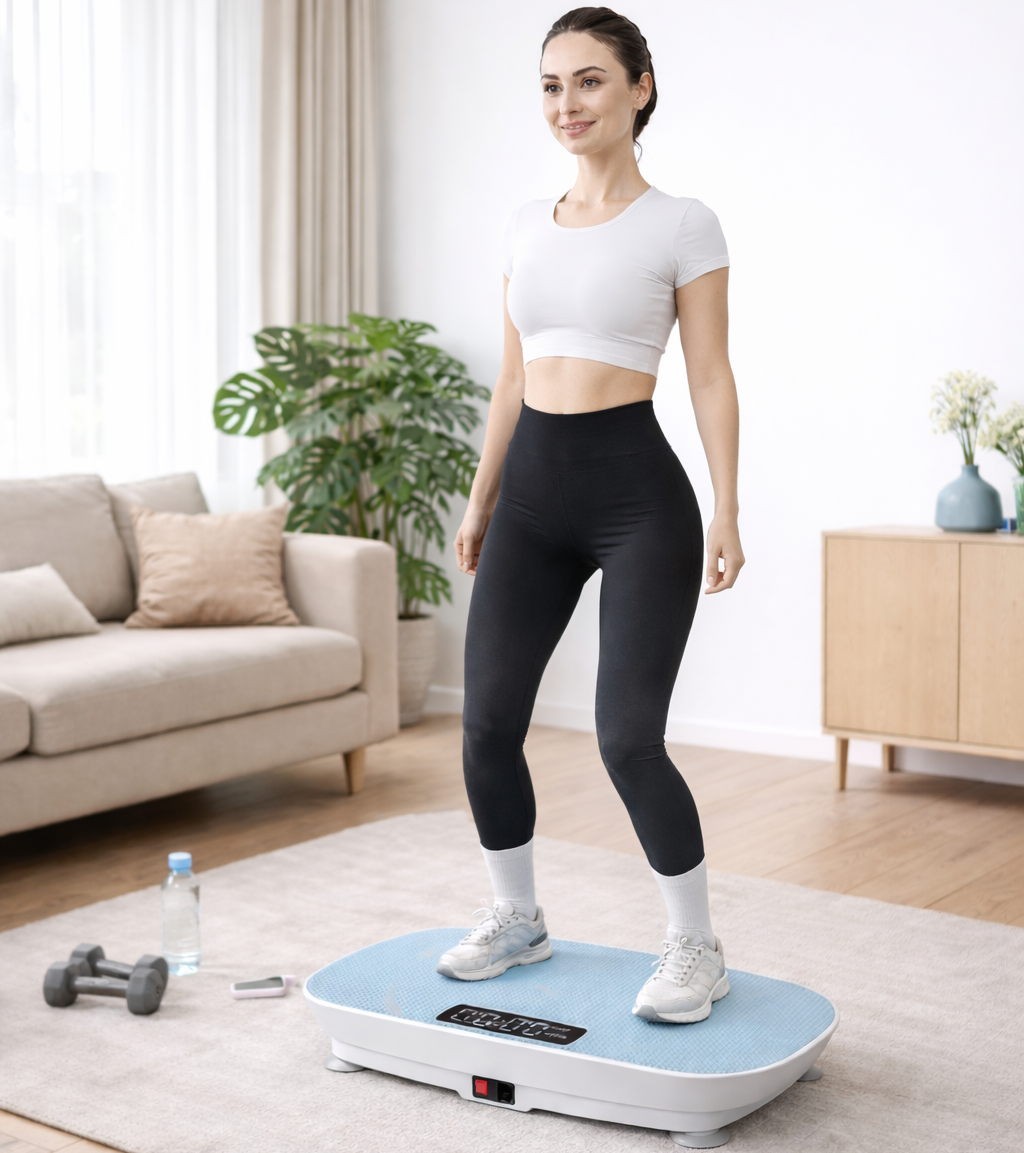 Woman using a vibration plate in a living room.