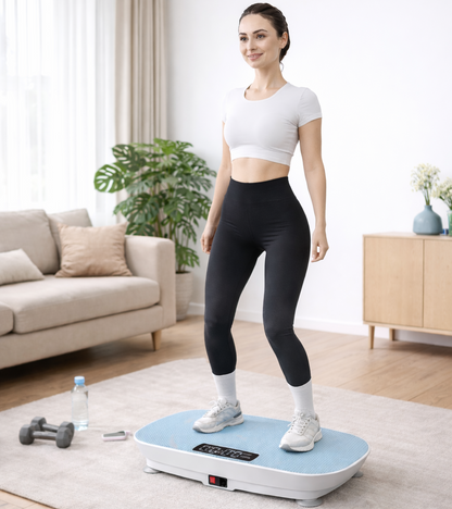 Woman using a vibration plate in a living room.