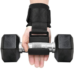 Hand holding a dumbbell with a weight lifting hook.