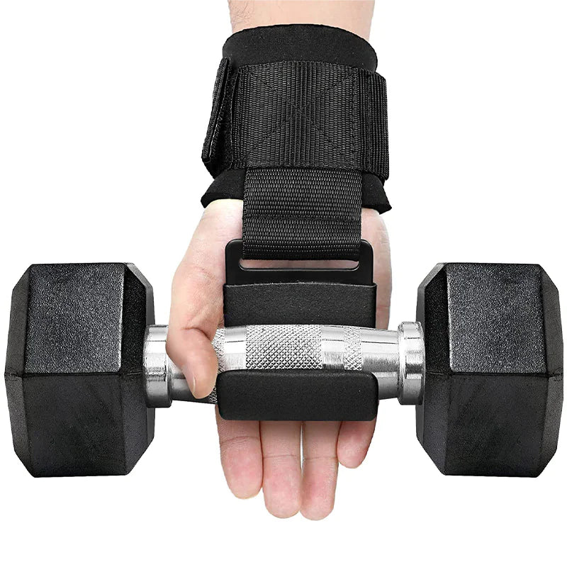 Hand holding a dumbbell with a weight lifting hook.