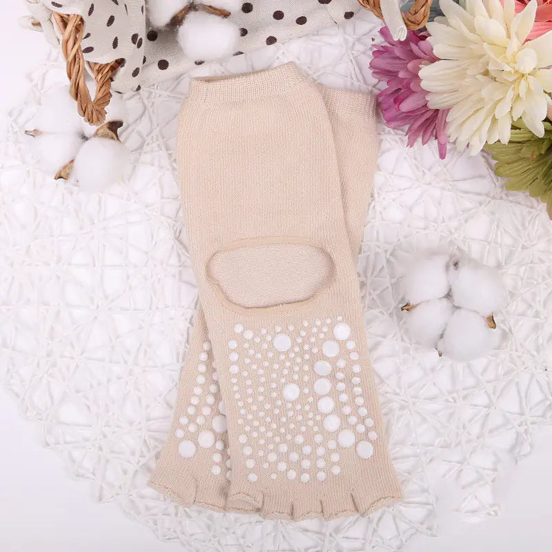Apricot non-slip five-toe yoga socks.