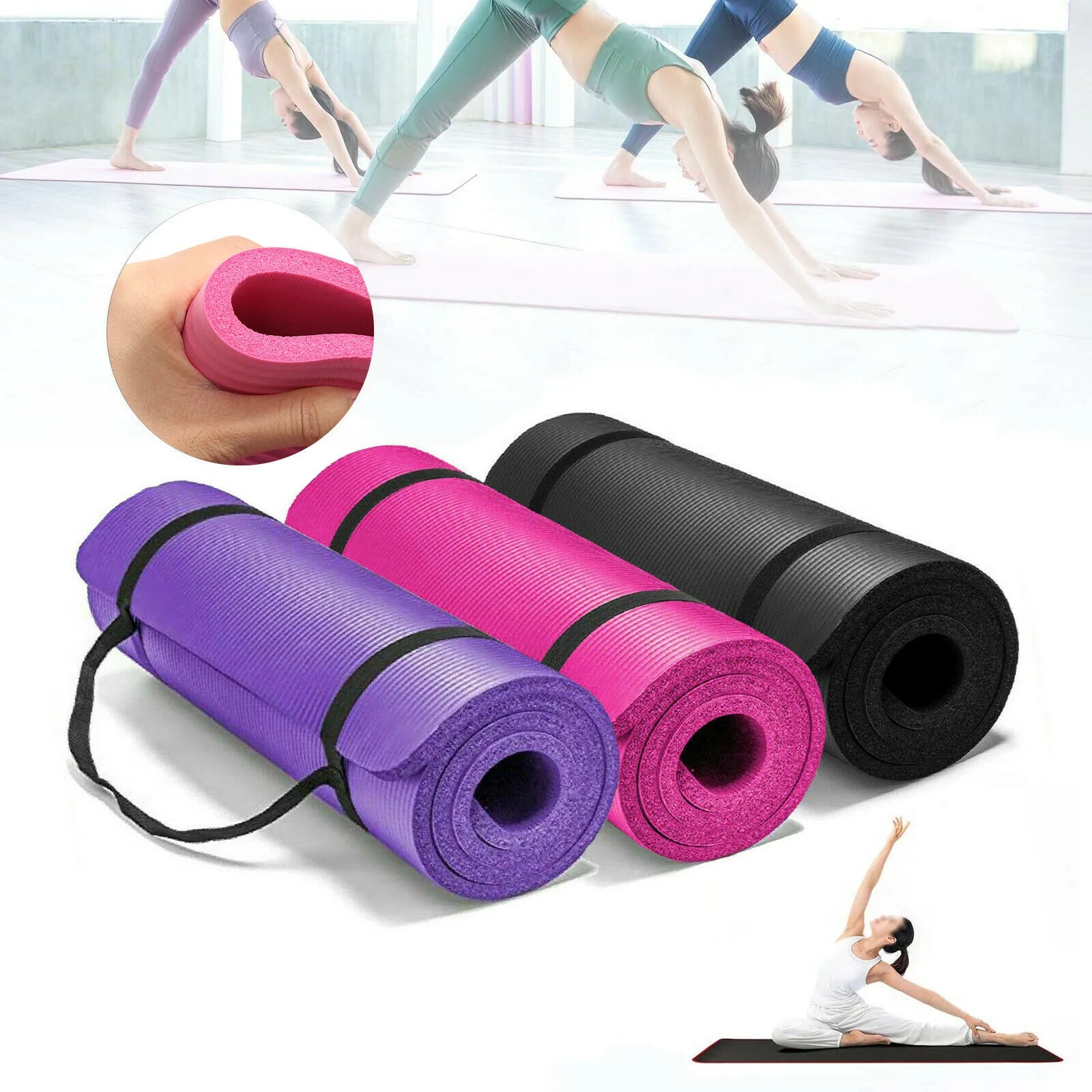 Three rolled-up yoga mats in purple, pink, and black with people practicing yoga on mats.