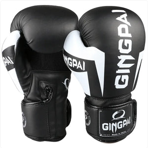 Black and white training boxing gloves (6oz-12oz) lightweight design for fitness and bag work cardio training.