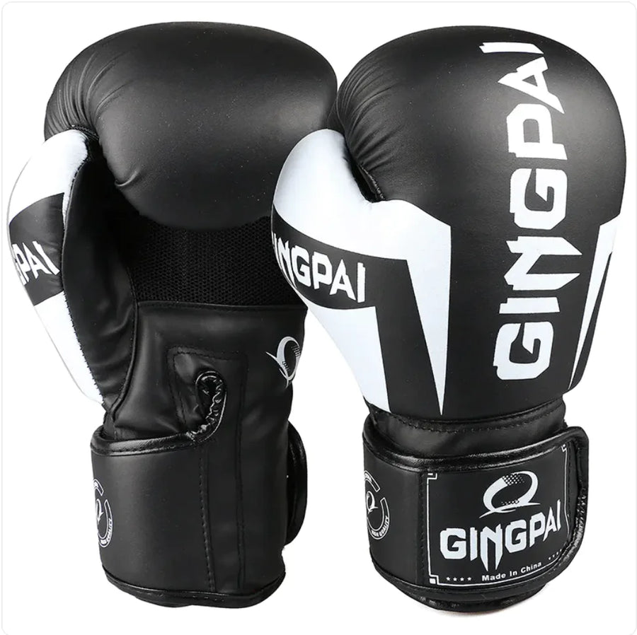 Black and white training boxing gloves (6oz-12oz) lightweight design for fitness and bag work cardio training.
