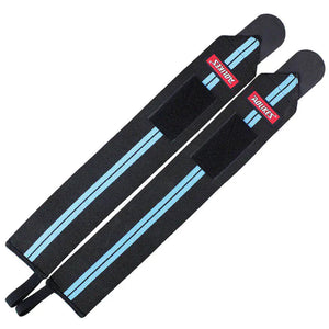 Black blue supportive wrist wraps with adjustable Velcro closure for weightlifting and fitness training.