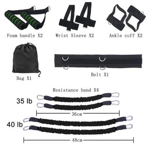 Close-up of black boxing arm and leg jump training set with resistance bands.
