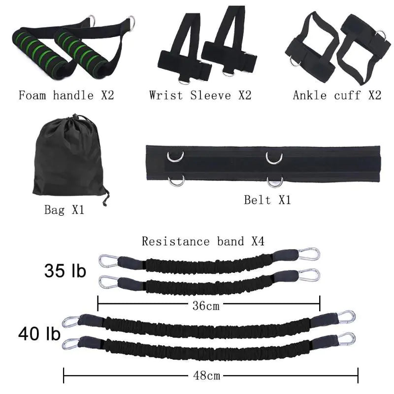 Close-up of black boxing arm and leg jump training set with resistance bands.