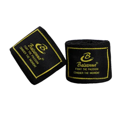 Black elastic boxing hand wrap pair for Muay Thai, Sanda, and martial arts hand protection.