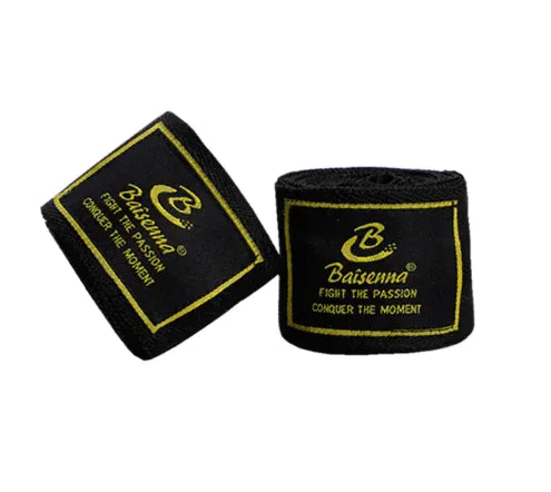 Black elastic boxing hand wrap pair for Muay Thai, Sanda, and martial arts hand protection.