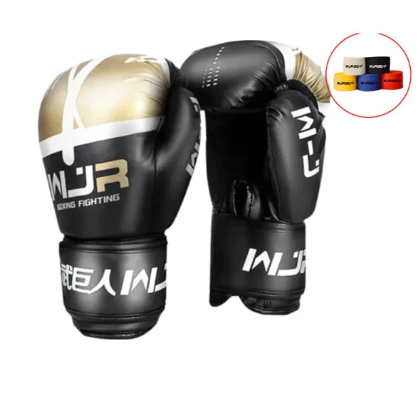 Black gold professional boxing gloves for Sanda, Muay Thai, and combat training with multi-layer padding.