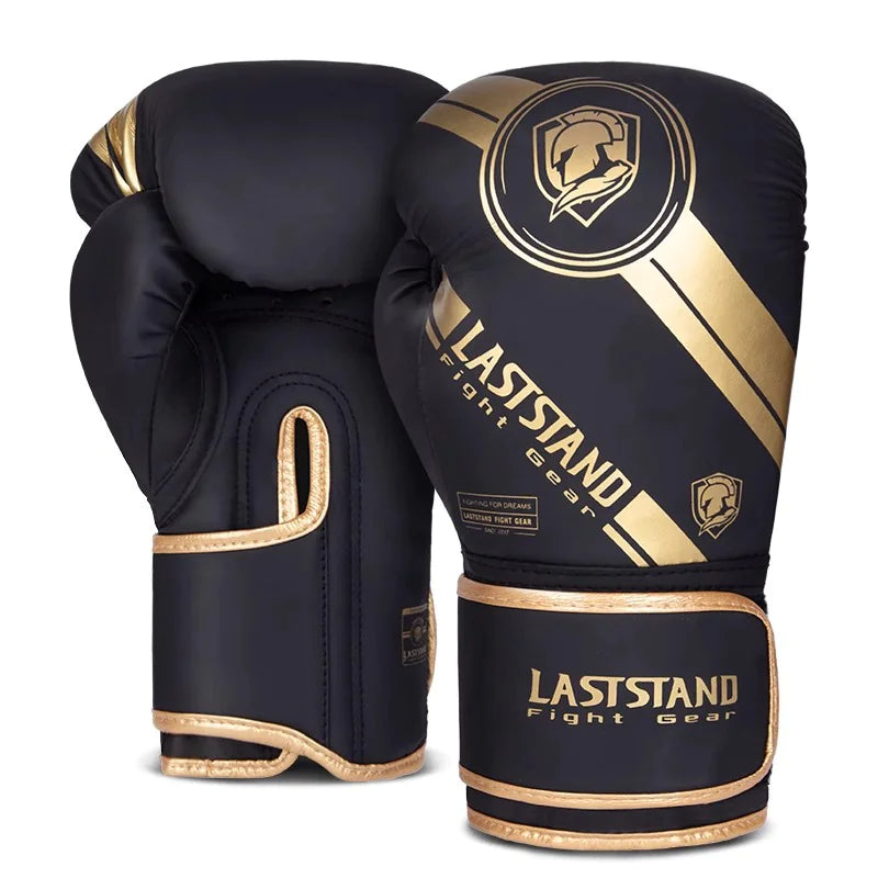 Black gold unisex professional boxing gloves for training and bag work with multi-layer padding protection.