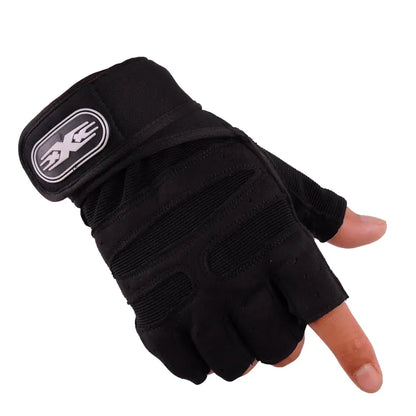 Black gym gloves with a padded grip and wrist strap for home workouts.