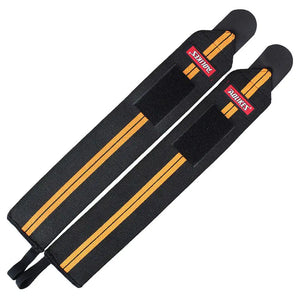 Black orange supportive wrist wraps with adjustable Velcro closure for weightlifting and fitness training.