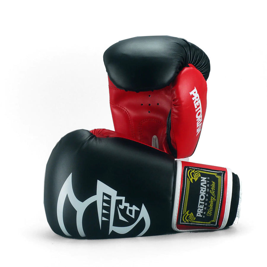 Black red professional boxing gloves (10oz-16oz) for training, sparring, and combat sports competition.