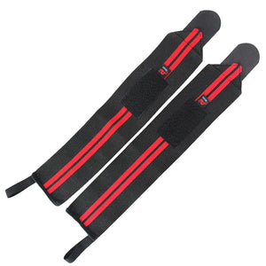 Black red supportive wrist wraps with adjustable Velcro closure for weightlifting and fitness training.