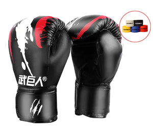black scratch professional boxing gloves for Sanda, Muay Thai, and combat training with multi-layer padding.