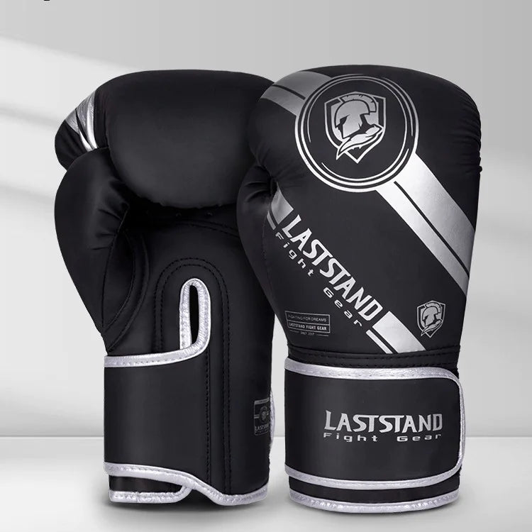 Black silver unisex professional boxing gloves for training and bag work with multi-layer padding protection.