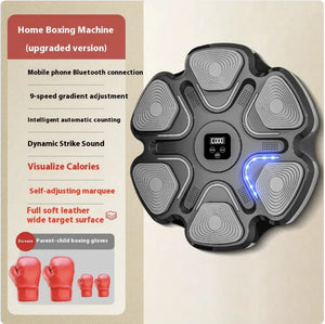 Black smart boxing wall target with children and parent gloves for reaction training and home fitness workouts.