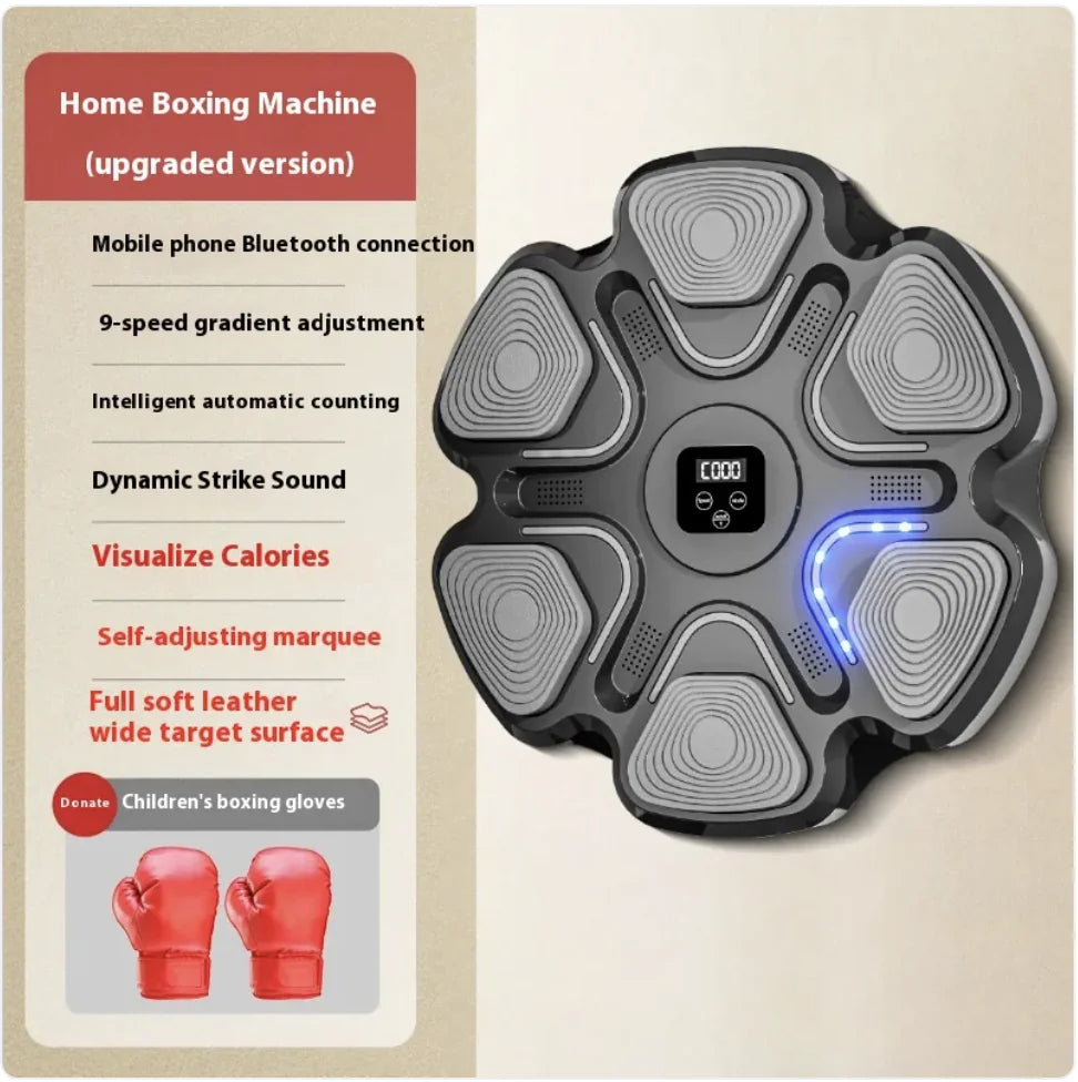Black smart boxing wall target with children gloves for reaction training and home fitness workouts.