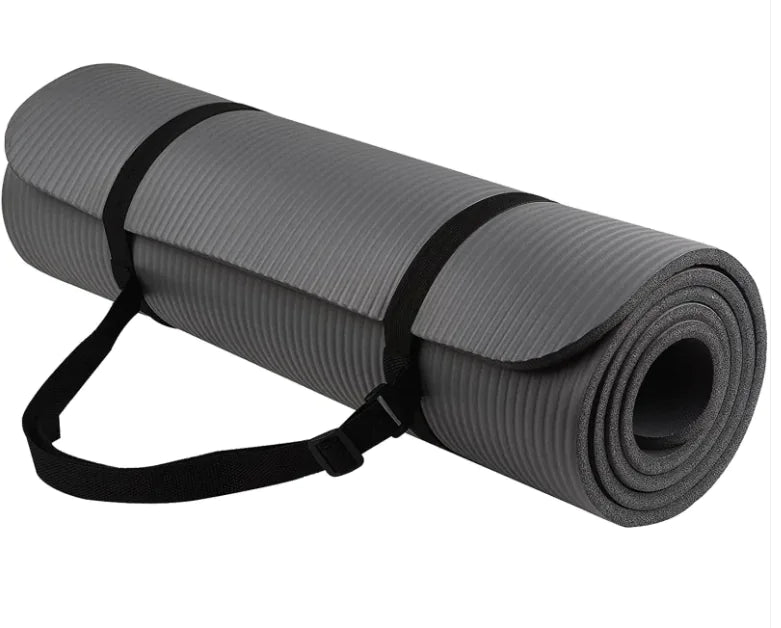 Black striped yoga mat with non-slip grip and alignment guides, 72x24 inches for fitness and stretching.