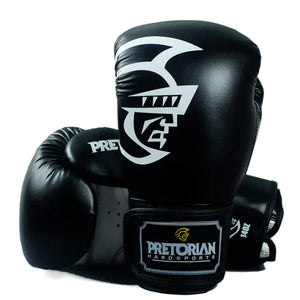 Black white professional boxing gloves (10oz-16oz) for training, sparring, and combat sports competition.