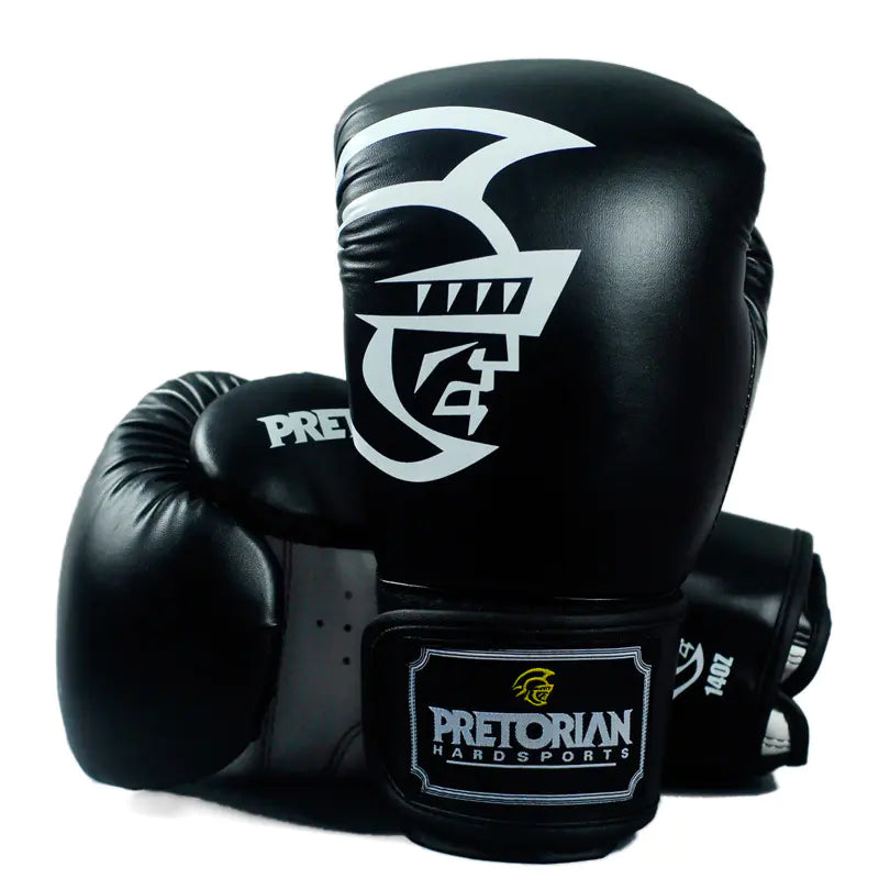 Black white professional boxing gloves (10oz-16oz) for training, sparring, and combat sports competition.