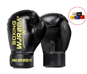 Black yellow professional boxing gloves for Sanda, Muay Thai, and combat training with multi-layer padding.