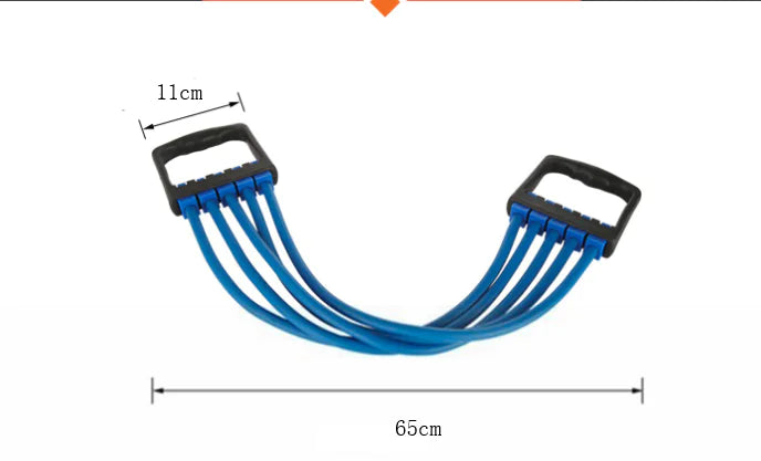 Blue chest expander resistance trainer with black handles and measurements on a white background.