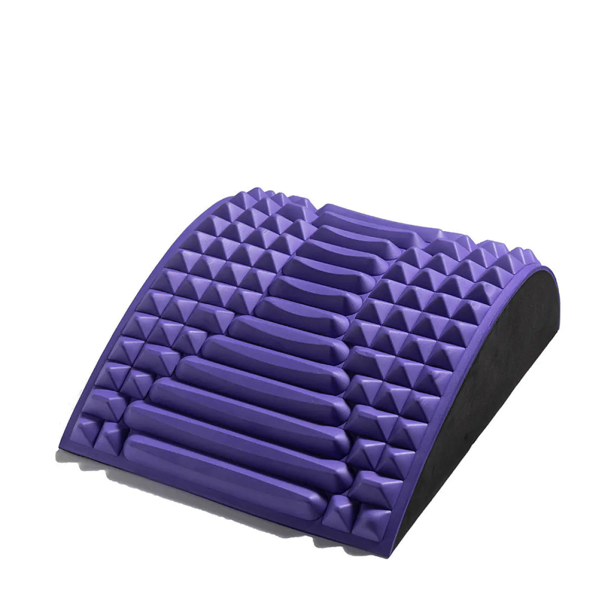 Contoured blue colored yoga pillow with ergonomic design for waist and lower-back support during stretching.