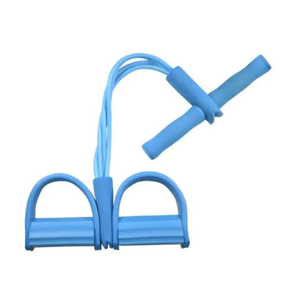 Blue elastic pull rope exerciser with foam handles for full-body resistance training at home.