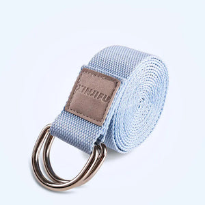 Blue elastic stretch strap for back support and flexibility training with multiple grip loops.