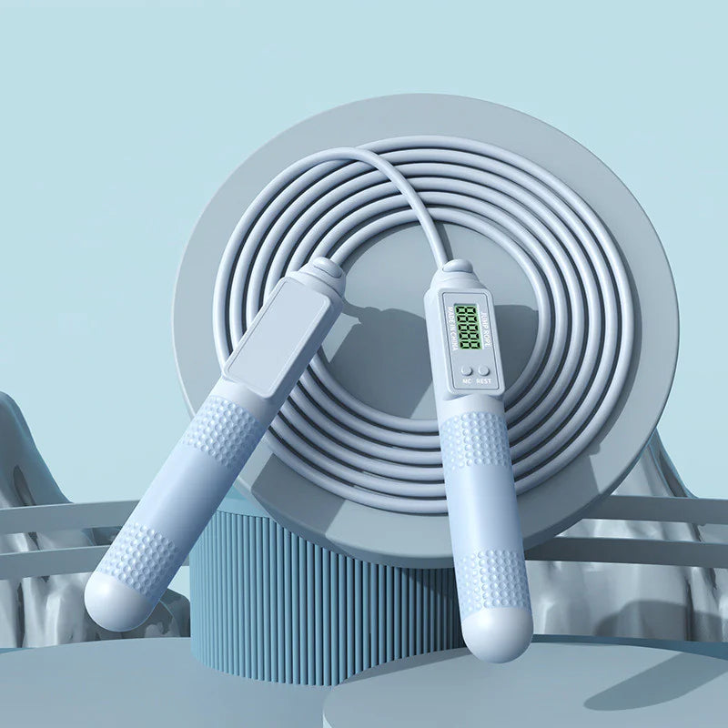 Adjustable length feature on a blue smart jump rope for customized fit to any height.