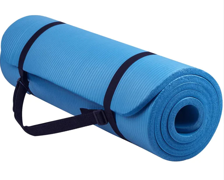 Blue striped yoga mat with non-slip grip and alignment guides, 72x24 inches for fitness and stretching.