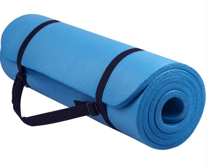 Blue striped yoga mat with non-slip grip and alignment guides, 72x24 inches for fitness and stretching.