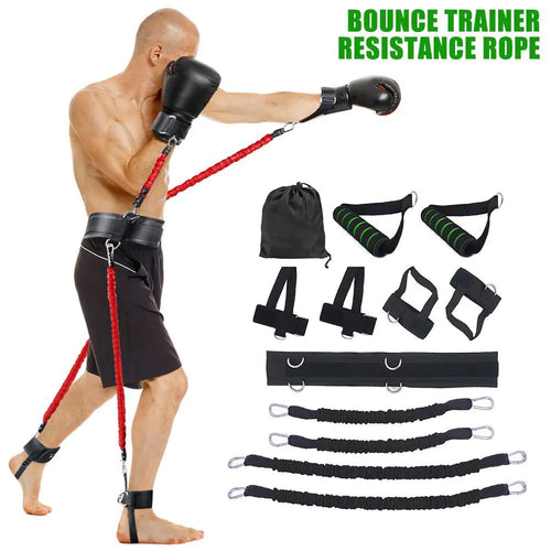 Man using a boxing arm and leg jump training set with resistance bands for speed and power conditioning.
