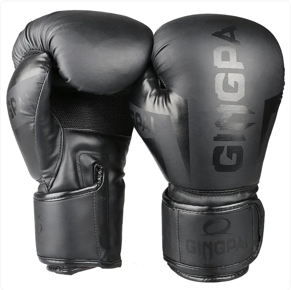 Bright black training boxing gloves (6oz-12oz) lightweight design for fitness and bag work cardio training.