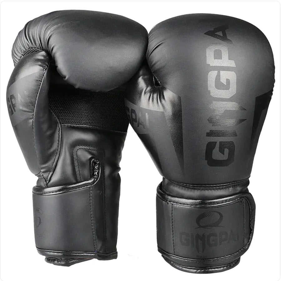 Bright black training boxing gloves (6oz-12oz) lightweight design for fitness and bag work cardio training.