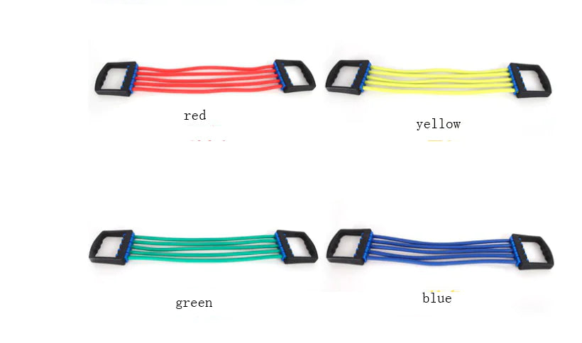 Four resistance bands in red, yellow, green, and blue on a white background.