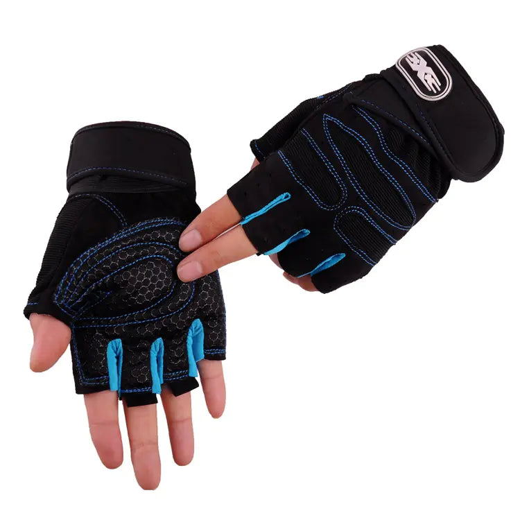 Dark blue gym gloves with a padded grip and wrist strap for home workouts.