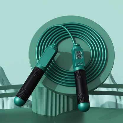 Adjustable length feature on a dark green smart jump rope for customized fit to any height.