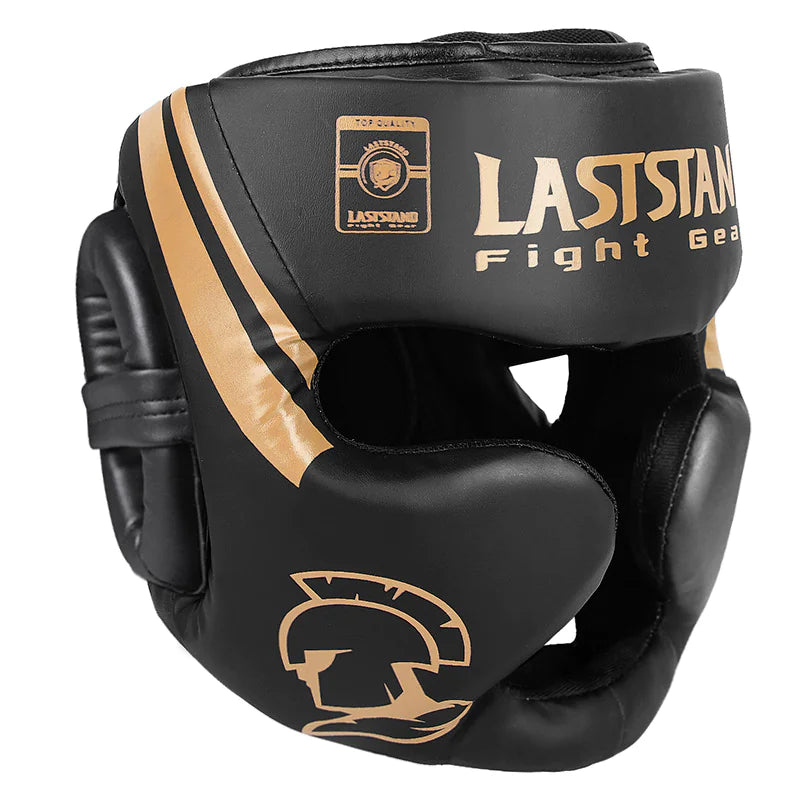 Gold protective boxing helmet with multi-layer padding prioritizing safety and injury prevention during combat sports training.