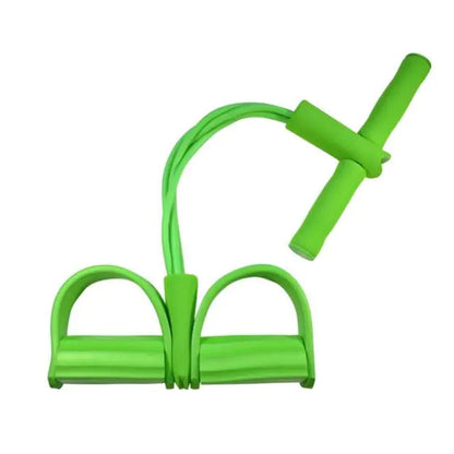 Green elastic pull rope exerciser with foam handles for full-body resistance training at home.