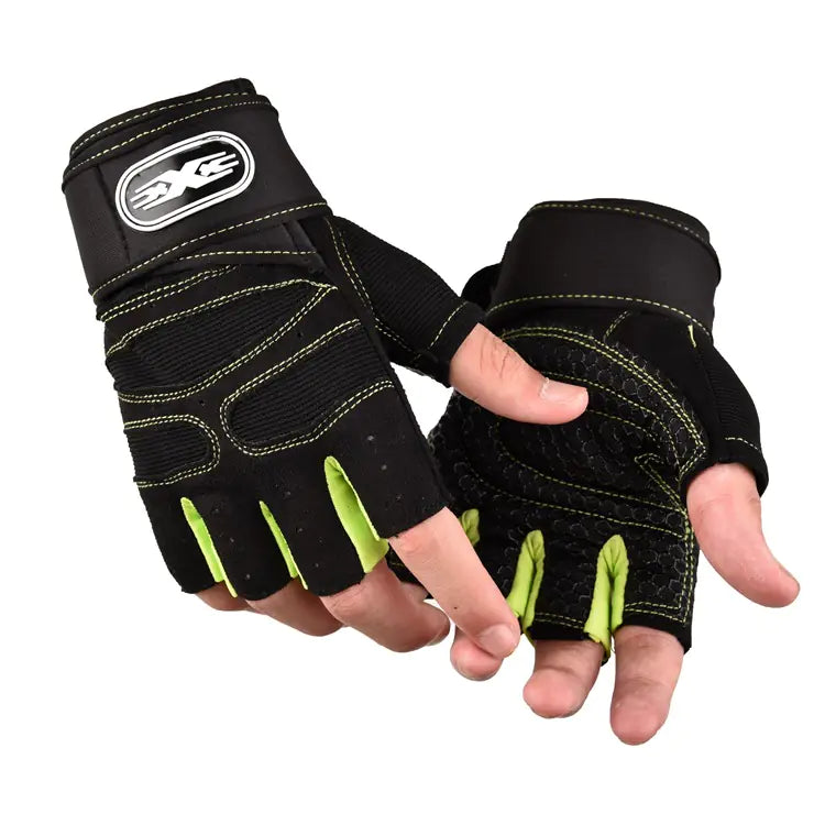 Green gym gloves with a padded grip and wrist strap for home workouts.
