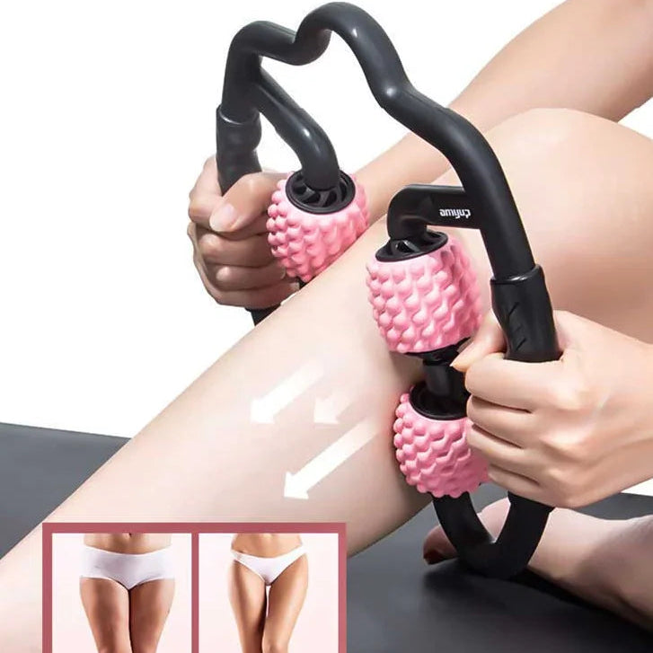 Person using a pink foam massage roller on their leg, with a close-up inset showing before-and-after results.