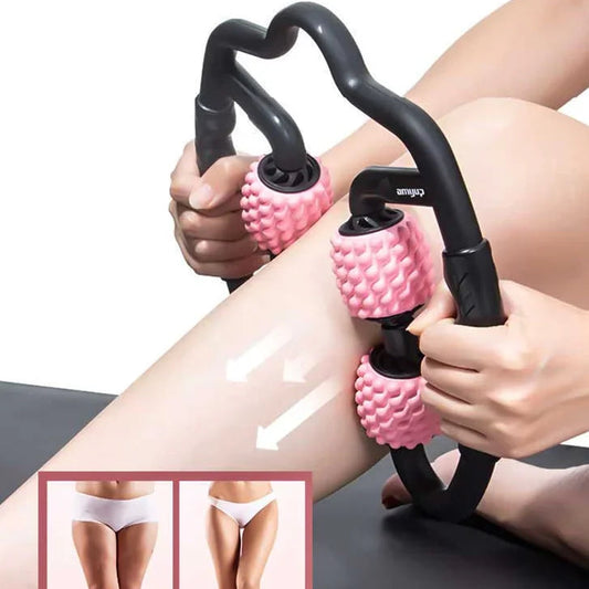 Person using a pink foam massage roller on their leg, with a close-up inset showing before-and-after results.
