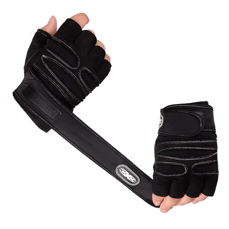 Light blue gym gloves with a padded grip and wrist strap for home workouts.