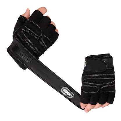 Light blue gym gloves with a padded grip and wrist strap for home workouts.